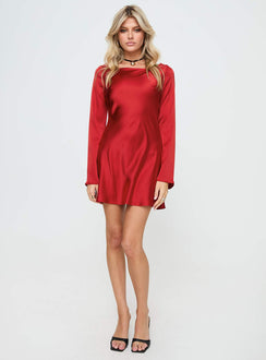 front view of model wearing Princess Polly Lukea Long Sleeve Satin Mini Dress Red Boat Neck 