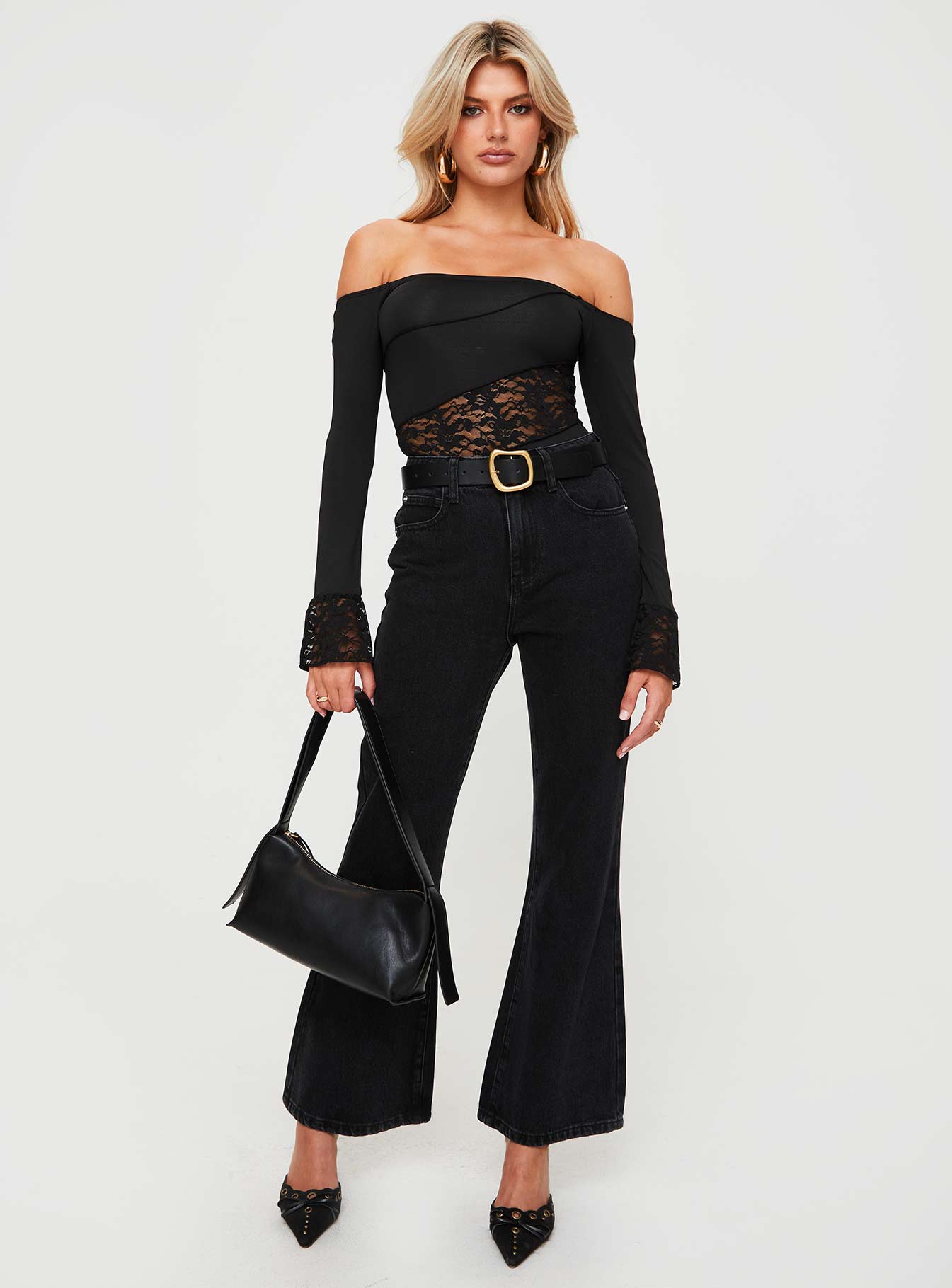 front view of model wearing Princess Polly Cabarita Lounge Denim Jeans Washed Black High Waisted 