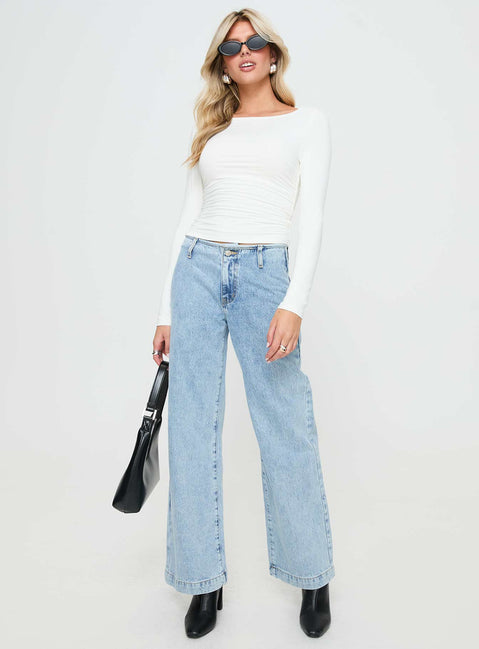 front view of model wearing Princess Polly Jakob Long Sleeve Top White Full Sleeves Scoop Neck 