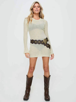 front view of model wearing Princess Polly Primmie Long Sleeve Mini Dress Cream Crew Neck 