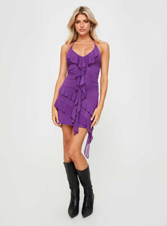 front view of model wearing Princess Polly Fig Ruffle Mini Dress Purple Plunger 