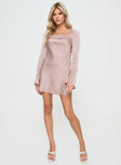 front view of model wearing Princess Polly Phillipa Long Sleeve Mini Dress Pink Square Neck 