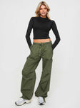 front view of model wearing Princess Polly Verlaine Low Rise Cargo Jeans Olive Mid Rise 