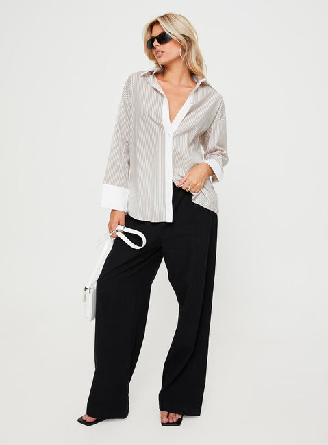 front view of model wearing Princess Polly Only We Know Shirt Beige Full Sleeves V-Neck 