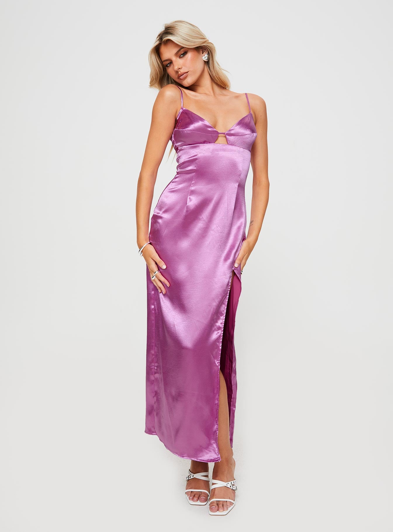 side view of model wearing Princess Polly Amandine Maxi Dress Pink Sweetheart Neckline 