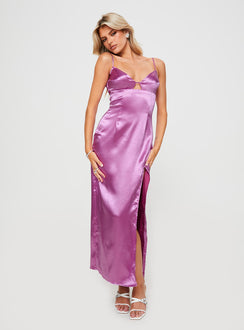 side view of model wearing Princess Polly Amandine Maxi Dress Pink Sweetheart Neckline 