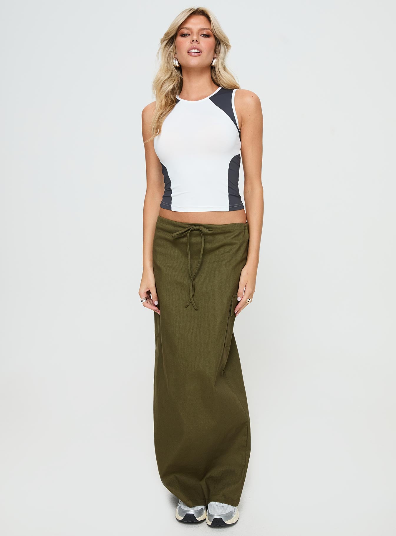   front view of model wearing Princess Polly My Girl Maxi Skirt Olive Maxi 