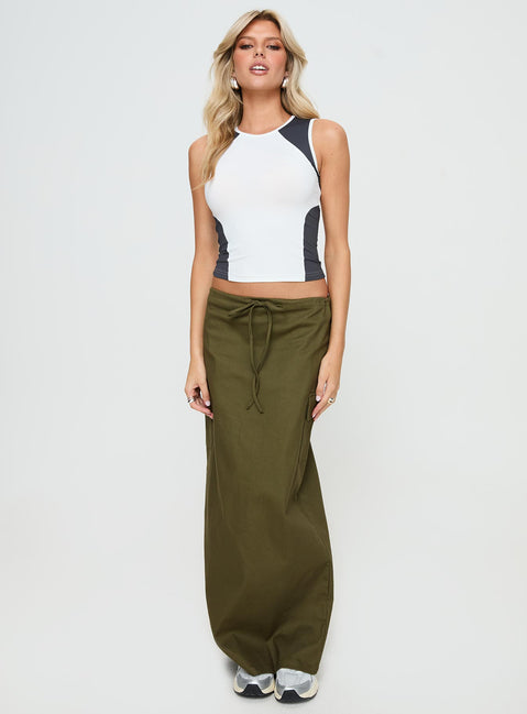   front view of model wearing Princess Polly My Girl Maxi Skirt Olive Maxi 