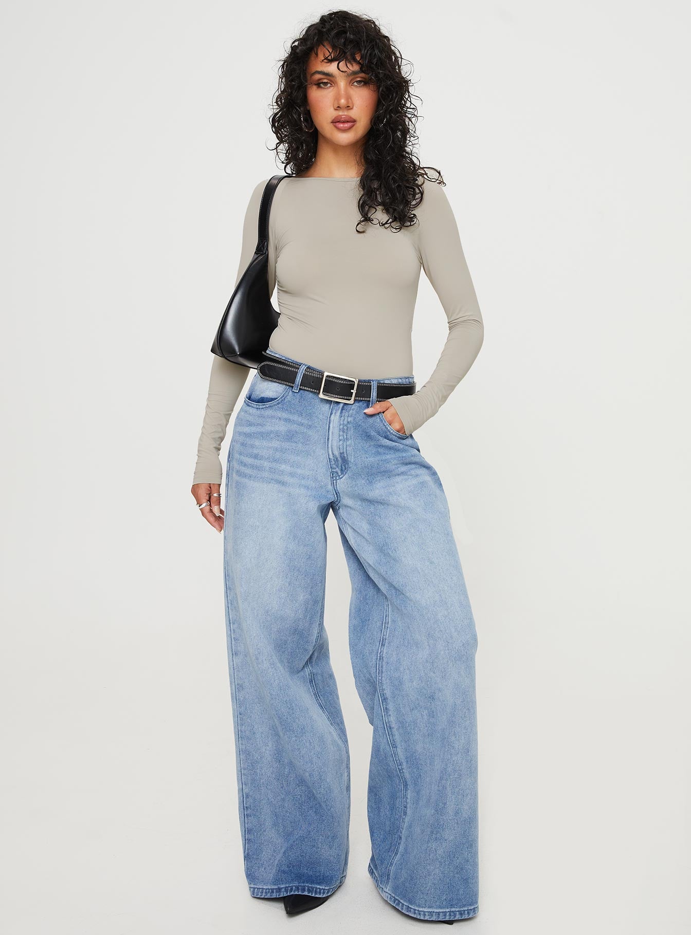 front view of model wearing Princess Polly Gatewood Long Sleeve Bodysuit Grey Full Sleeves 