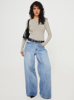 front view of model wearing Princess Polly Gatewood Long Sleeve Bodysuit Grey Full Sleeves 