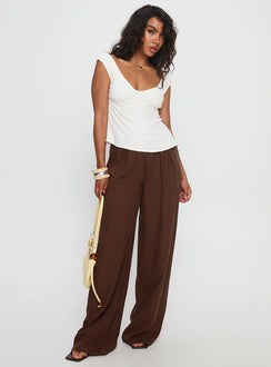 front view of model wearing Princess Polly Vianca Low Rise Linen Pant Chocolate High Waisted Pants 