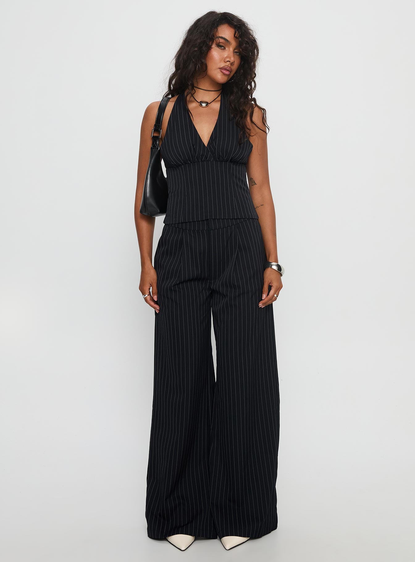 All She Wrote Halter Tailored Set Navy Stripe