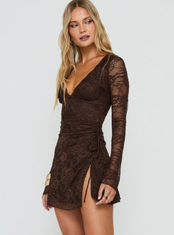 Airabella Langarm-Spitzen-Minikleid Schokolade