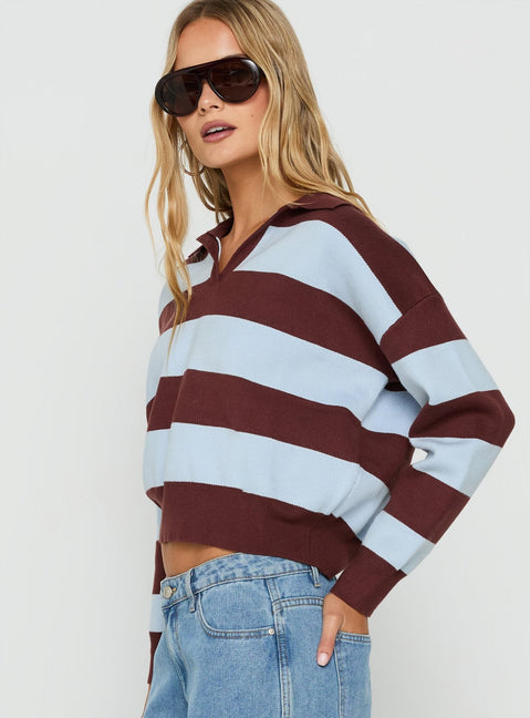 Novara Strick Cropped Rugby Jersey Blau / Burgunderfarbene Streifen