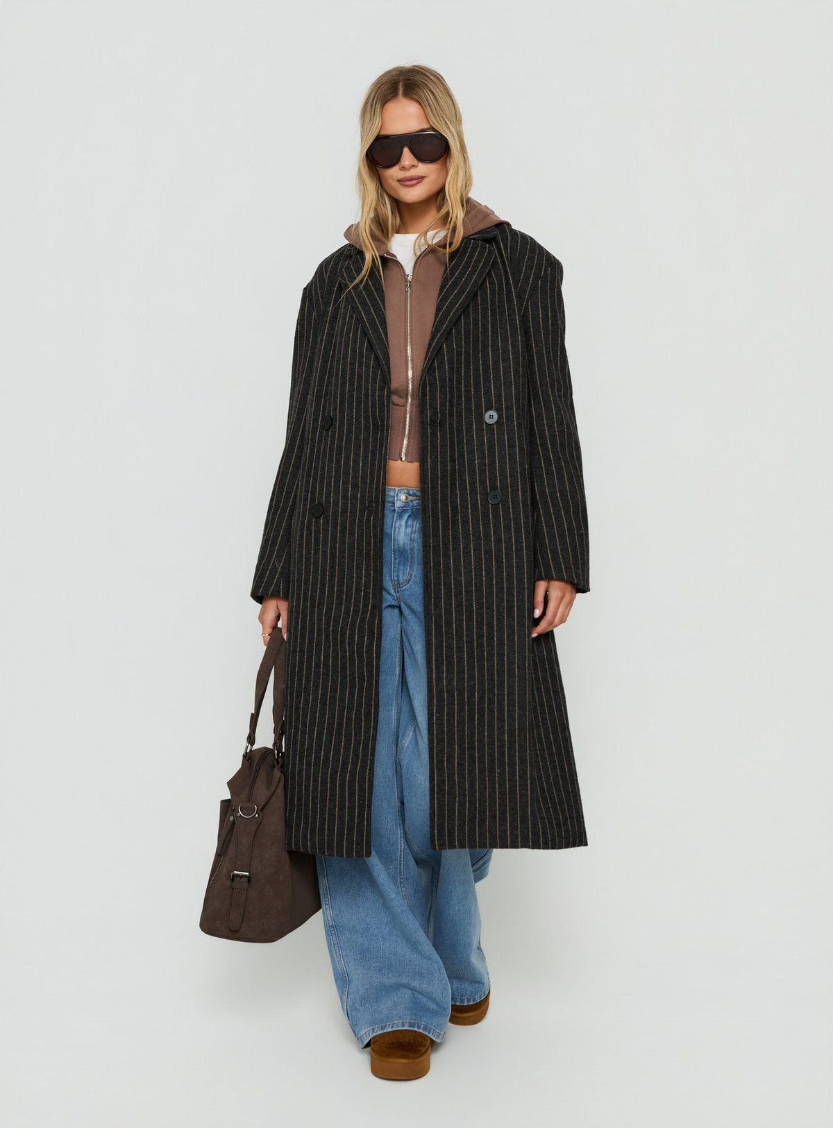 Olimpea Longline Trenchcoat Schwarz Nadelstreifen