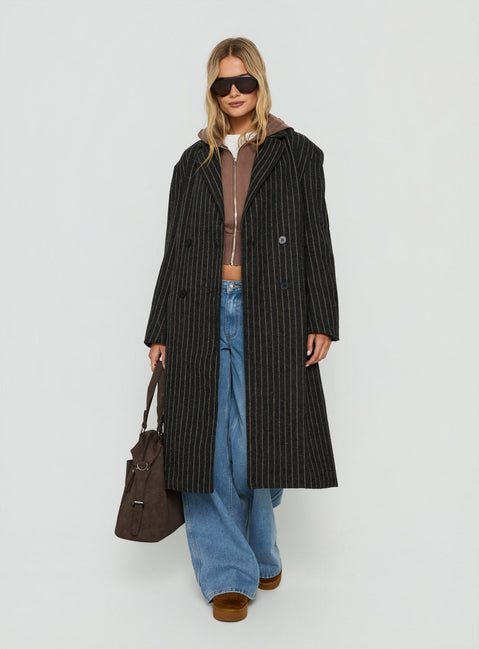 Olimpea Longline Trenchcoat Schwarz Nadelstreifen