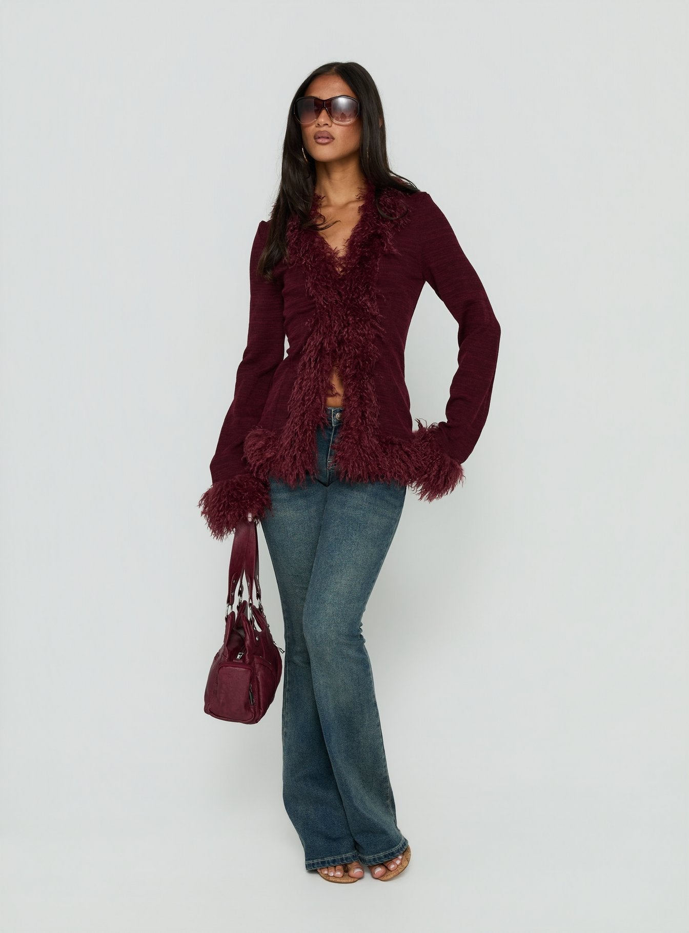 Brynlie Faux Fur Trim Boxy Cardigan Burgundy