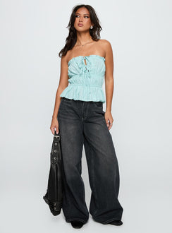 front view of model wearing Princess Polly Sombre Tie Detail Strapless Top Blue Sleeveless straight 