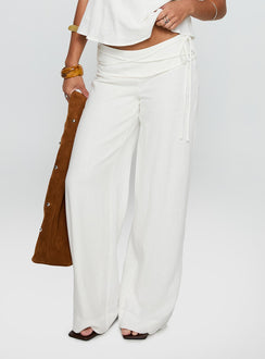 Showcasing Silver Moon Linen Blend Tie Pants White Petite womens regular pants with high-rise detail view of model wearing
