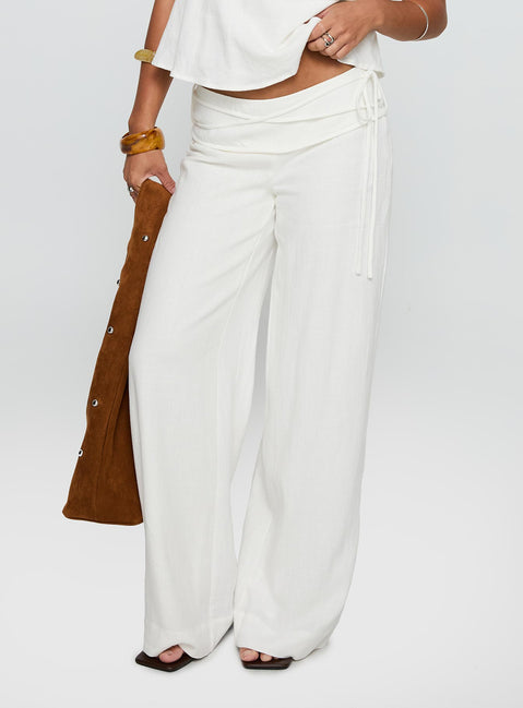 Showcasing Silver Moon Linen Blend Tie Pants White Petite womens regular pants with high-rise detail view of model wearing