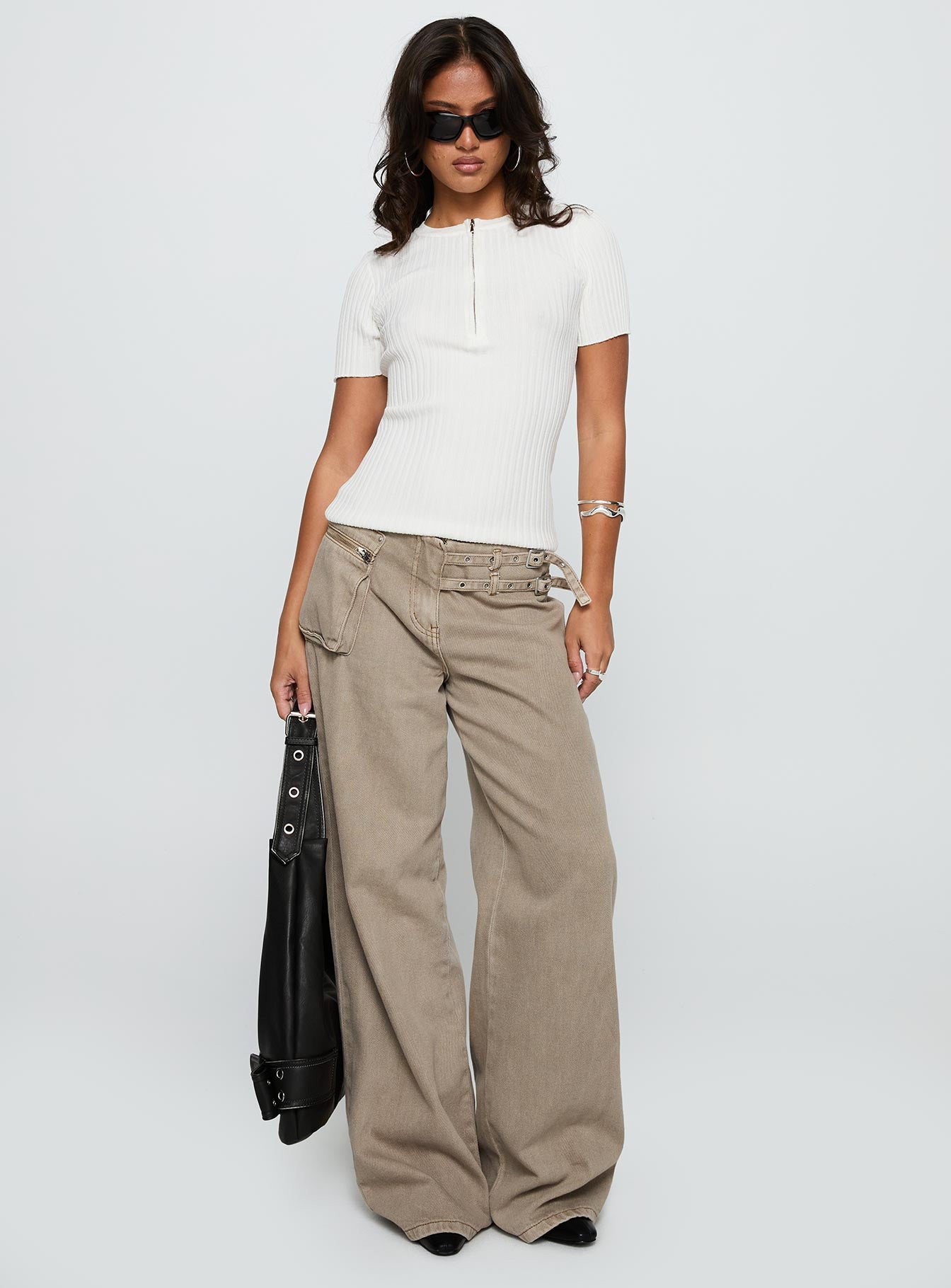 back view of model wearing Princess Polly Hold The Line Zip Through Top White Short Sleeves Crew Neck 