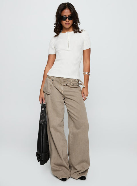 back view of model wearing Princess Polly Hold The Line Zip Through Top White Short Sleeves Crew Neck 