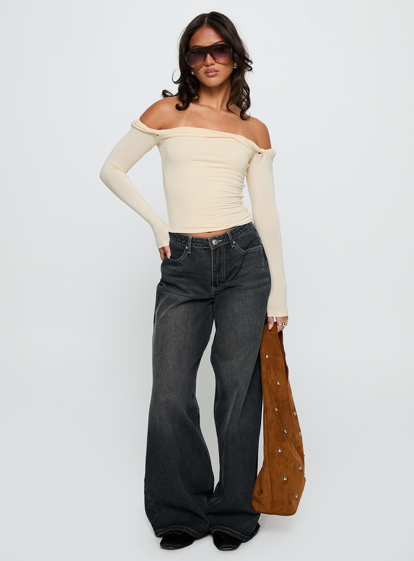 front view of model wearing Princess Polly Naylor Wide Leg Jeans Grey Wash Low Rise Jeans 
