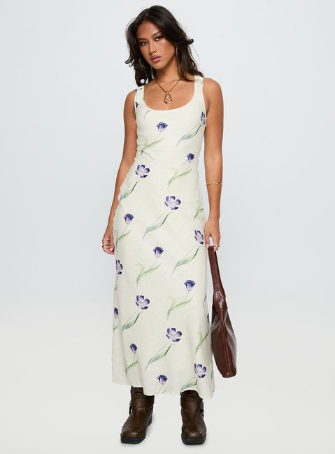 side view of model wearing Princess Polly Jessabelle Linen Blend Midi Dress Cream Floral Scoop Neck 
