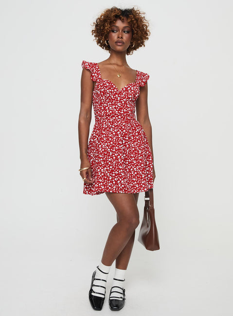 front view of model wearing Princess Polly So Sweet Mini Dress  Red / Floral Sweetheart Neckline 