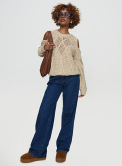 front view of model wearing Princess Polly Colser Cable Knit Sweater Beige Beige regular 