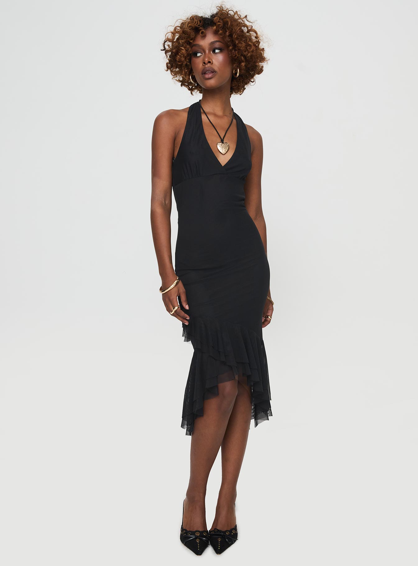 side view of model wearing Princess Polly Amadeus Midi Dress Black V-Neck 