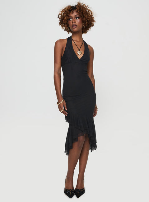 side view of model wearing Princess Polly Amadeus Midi Dress Black V-Neck 