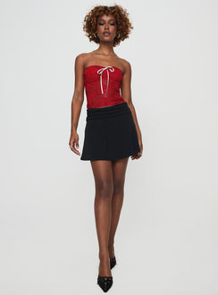 side view of model wearing Princess Polly Winnick Strapless Lace Top Red Sleeveless Sweetheart 