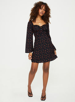 product Princess Polly High Neck  Love Birds Long Sleeve Mini Dress Black / Red Floral