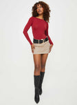 front view of model wearing Princess Polly Gatewood Long Sleeve Bodysuit Burgundy Full Sleeves Boat Neck 