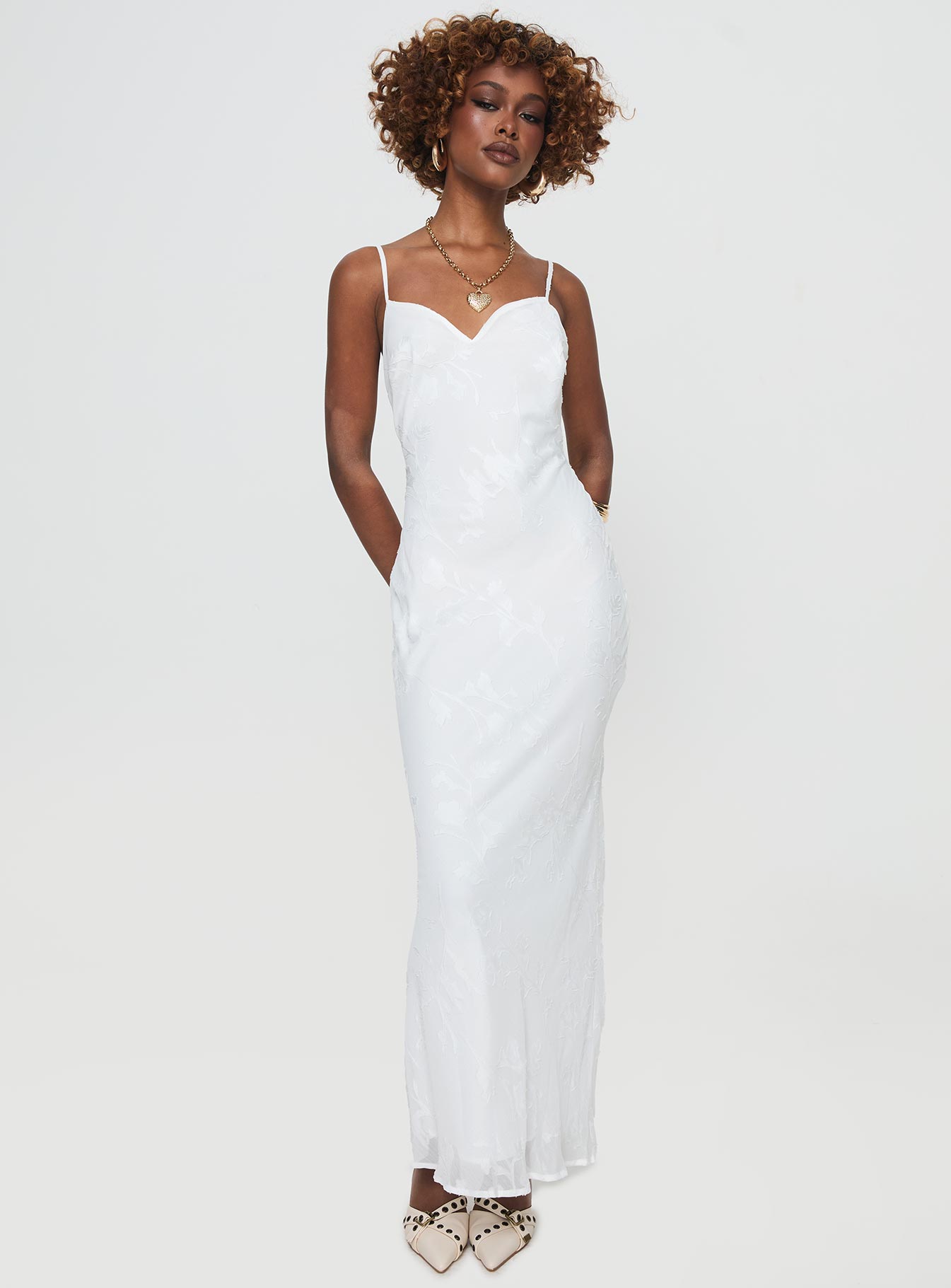 front view of model wearing Princess Polly Naeema Maxi Dress White Sweetheart Neckline 