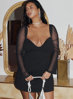 front view of model wearing Princess Polly Azar Long Sleeve Mini Dress Black Curve Sweetheart Neckline 