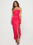 Maxi dress Strapless style, inner silicone strip at bust, ruching & frill detail at side, high split, invisible zip fastening Non-stretch material, fully lined 