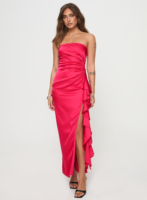 front view of model wearing Princess Polly Callita Strapless Maxi Dress Red Straight Neck 