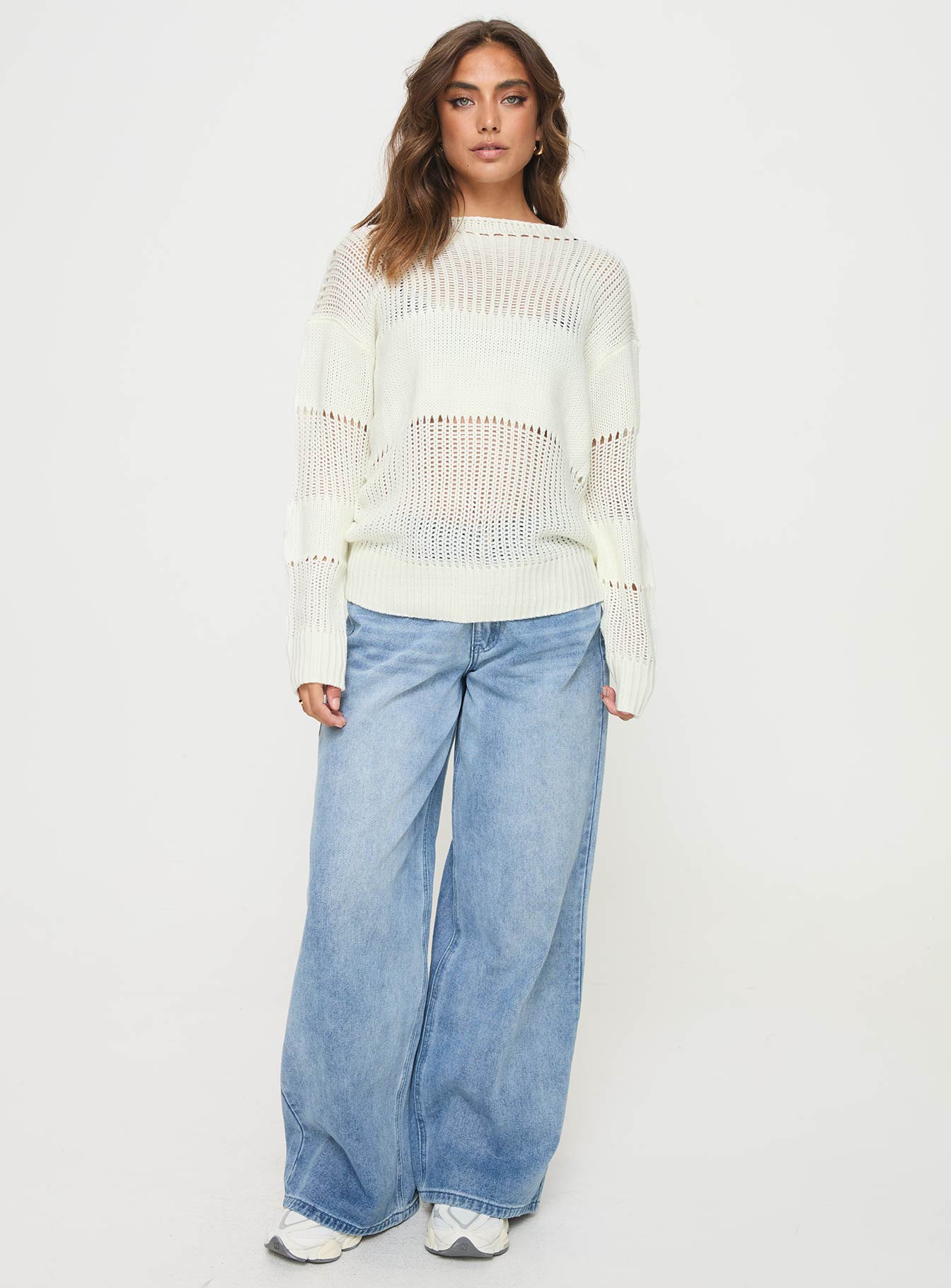 front view of model wearing Princess Polly Throw On Sweater Cream 