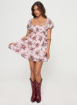 Floral mini dress Square neckline, padded bust, open back with tie fastening Non-stretch, lined bust