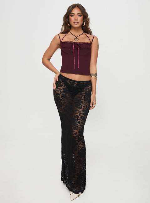 back view of model wearing Princess Polly Trynia Top Burgundy Sleeveless Square Neck 