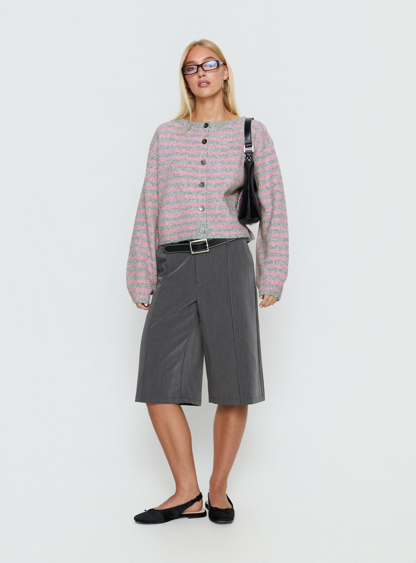 side view of model wearing Princess Polly Raynna Button Up Cardigan Pink / Grey Stripe Cropped Jumpers 