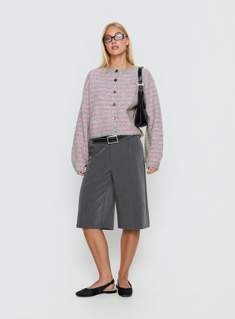 side view of model wearing Princess Polly Raynna Button Up Cardigan Pink / Grey Stripe Cropped Jumpers 