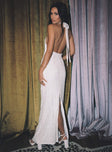 back view of model wearing Princess Polly Moon And Back Boucle Sequin Maxi Dress White Plunger 