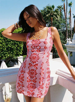 side view of model wearing Princess Polly Maris Mini Dress Pink / Red Square Neck 