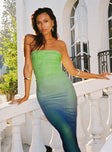 front view of model wearing Princess Polly Stolen Love Strapless Maxi Dress Blue / Green Ombre Petite Straight Neck 