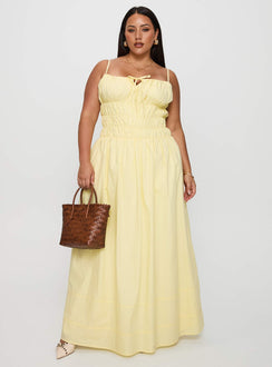 front view of model wearing Princess Polly Loralei Shirred Maxi Dress Yellow Curve Square Neck 