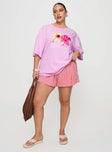 front view of model wearing Princess Polly Hibiscus Haven Oversized Tee Pink Curve Half Sleeves Crew Neck 