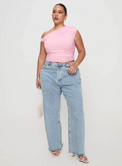 front view of model wearing Princess Polly Fawcett Jeans Light Wash Denim Curve High Waisted 